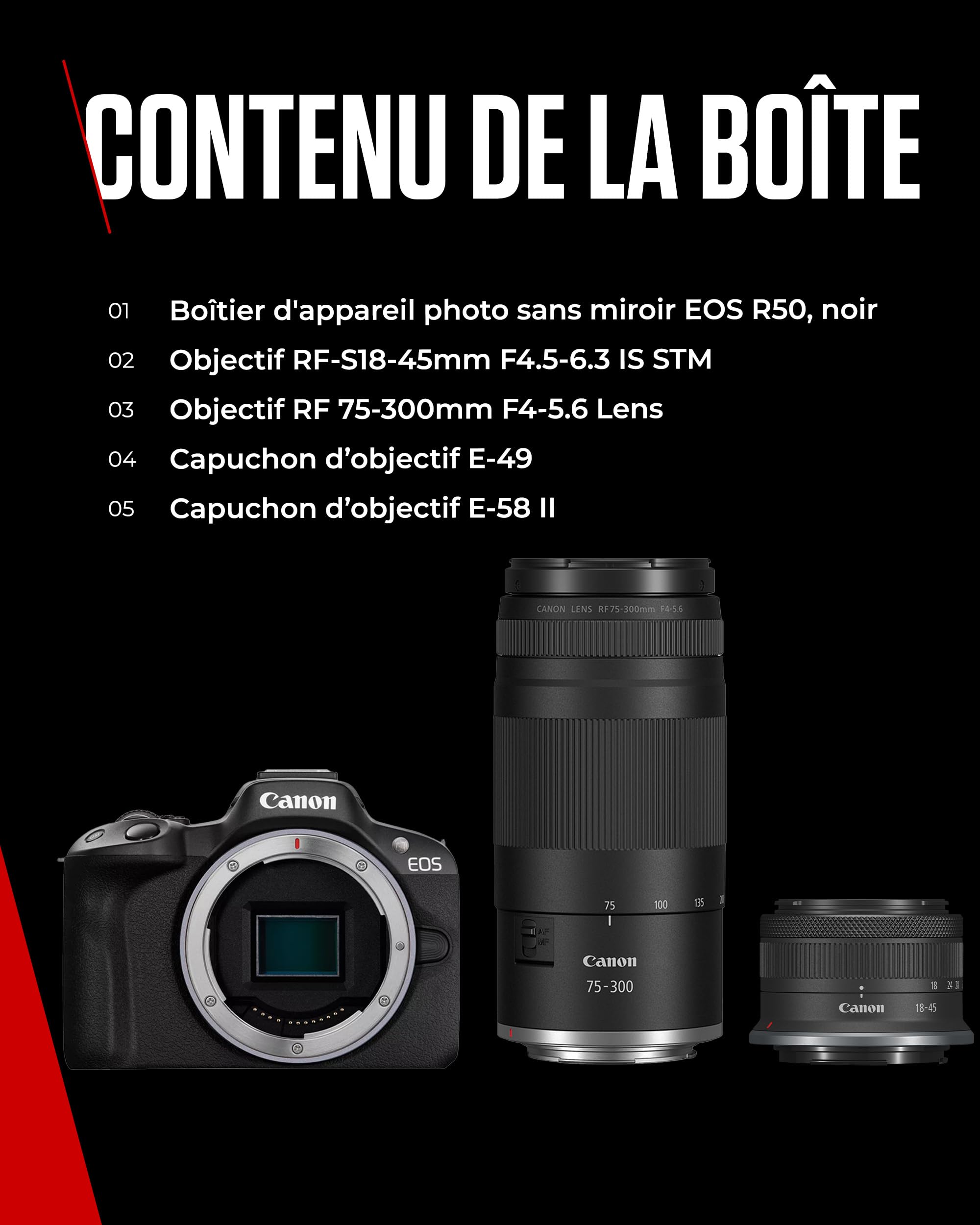 Canon EOS R50 Appareil Photo Hybride + Objectif RF-S 18-45mm + RF 75-300mm Kit Double Zoom - Appareil Photo numérique avec autofocus + détection de scène et des Visages, Animaux véhicules Vidéo 4k