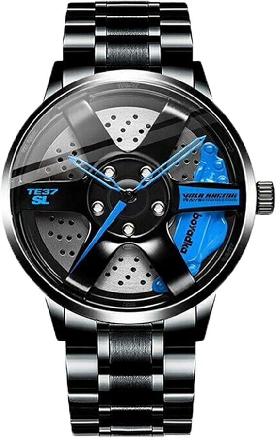 Amazon 男性のための自動車愛好家の時計 男性スポーツウォッチリムハブ車のホイールデザインステンレス鋼防水腕時計 男性のためのdesignquartz腕時計 Blue メンズ腕時計 腕時計 通販