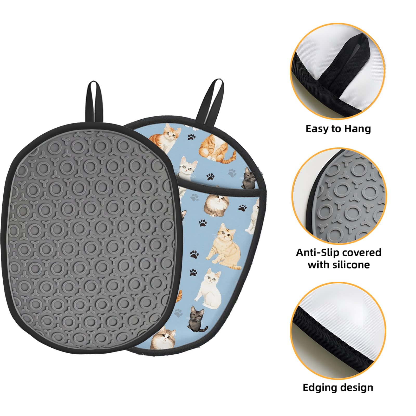 Topflappen, Silikon, Baumwollfutter, hitzebeständig bis 260 °C, rutschfester Griff, 19,1 x 23,9 cm, ovale Kochpads für Ofen, Kochen (Katze, Topflappen)