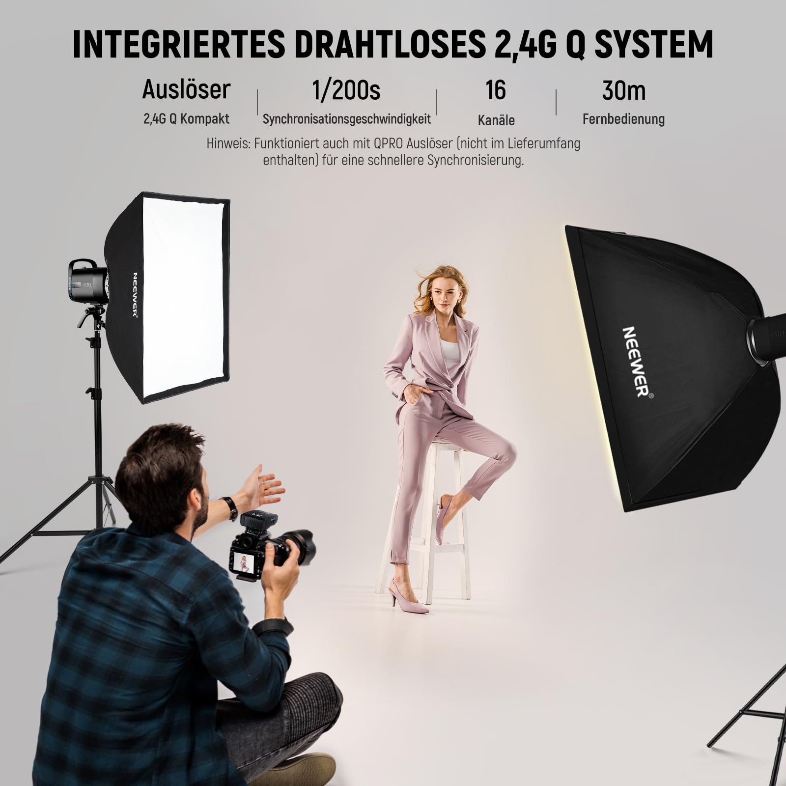 NEEWER 800Ws Studio Monolight Strobe Flash Set: 2er Pack S101-400W PRO 5600K Blitzlicht Studio mit 2,4G Auslöser/150W Einstelllampe/Bowens Mount/Softboxen/Ständer/Reflektor/Tasche, kompatibel mit QPRO