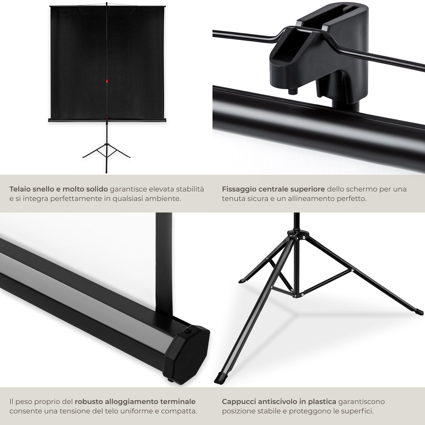 tectake® Schermo Proiettore 152x152 cm con Treppiede per Proiettore, Diagonale 84", Avvolgibile, Gain Factor1.0, Formati 1:1, 4:3, 16:9, Telo Proiettore Cinema a Casa, Ufficio, Ottimizzato HDTV e 3D