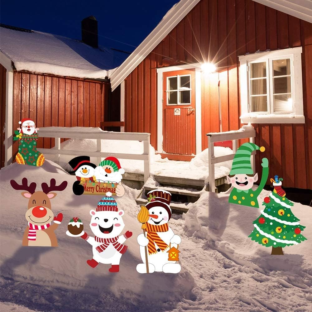 CCINEE Christmas Yard Sign,Santa Claus Xmas Lawn Yard Sign with Stake for Holiday Outdoor Decorations，Pack of 7