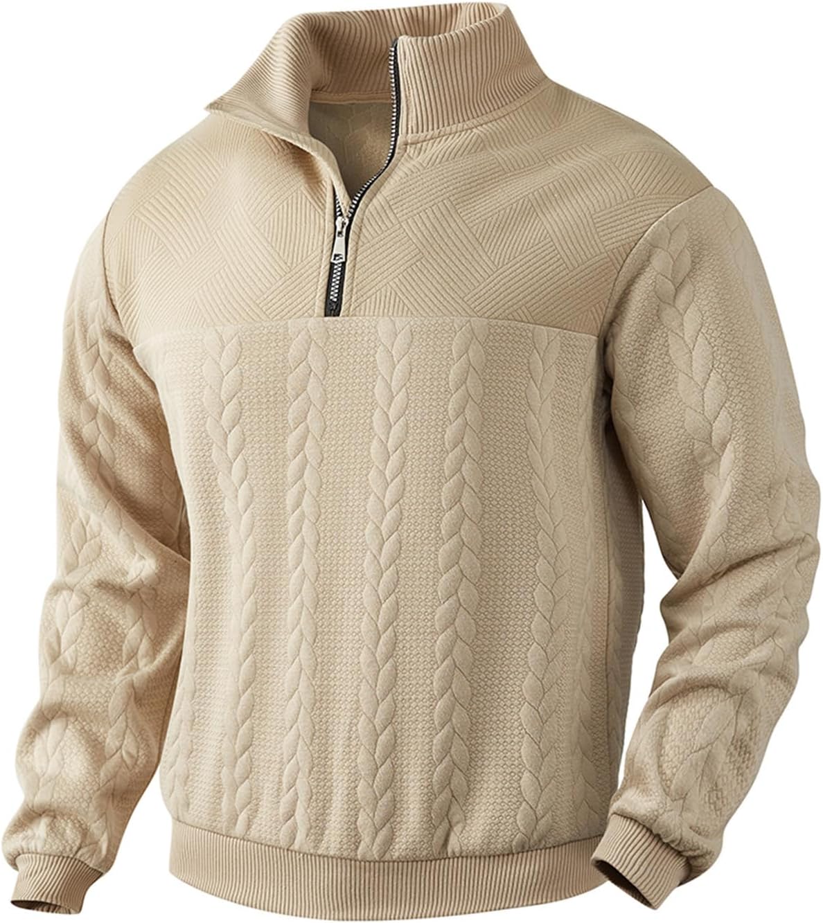 Mens Quarter Zip Sweater Men Quilted Sweatshirt Pullover Knit Long Sleeve Mock Neck Sweatshirt