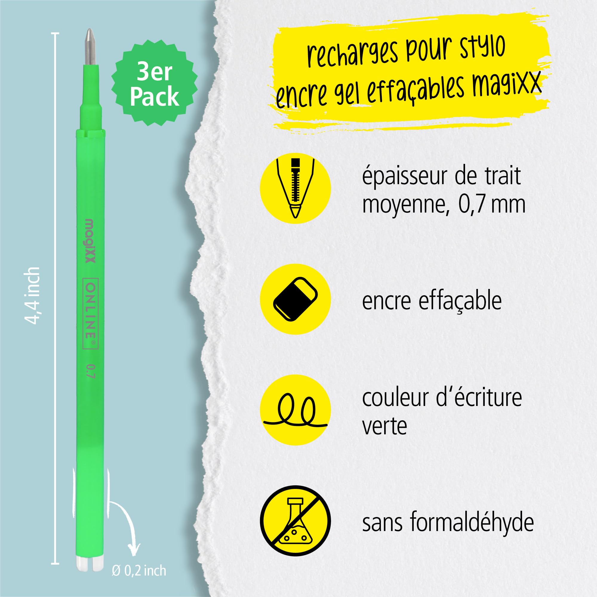 Online 3x recharge roller effaçable vert, compatible magiXX, Frixion etc., pour stylos à encre gel effaçables, pointe moyenne, rechargeable