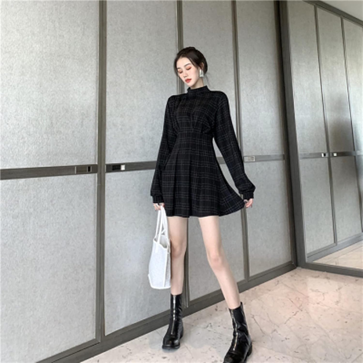 Goth Long Sleeve Dress Gothic Harajuku Vintage Plaid Wrap Balck Mini Dress Retro Pleated Punk Long Sleeve Dark - Image 5