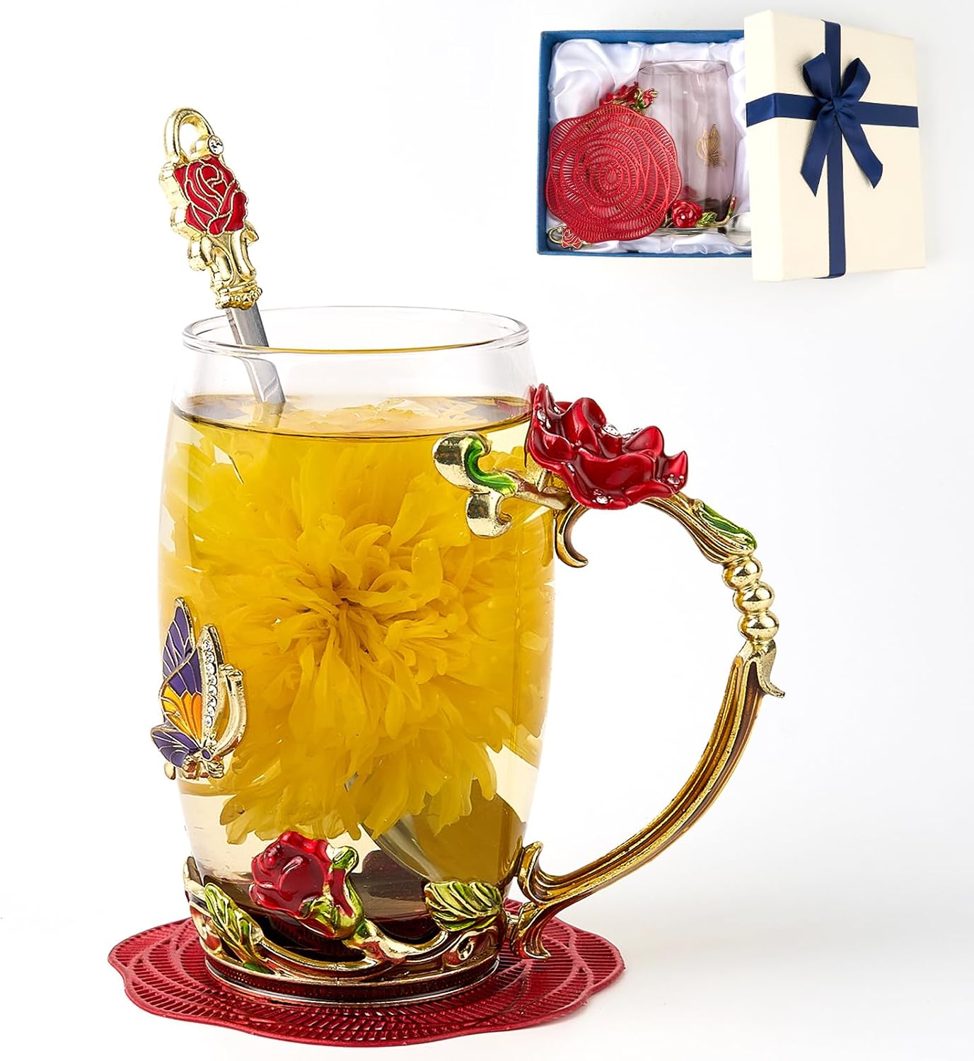 Flower Tea Cup ,Butterfly Rose Clear Glass Fancy Coffee Mug with Spoon,Gift Box for Her Mom Wife Grandma Girls Friends Valentines Christmas Birthday Present Idea for Juice,Hot And Cold Drinks Use