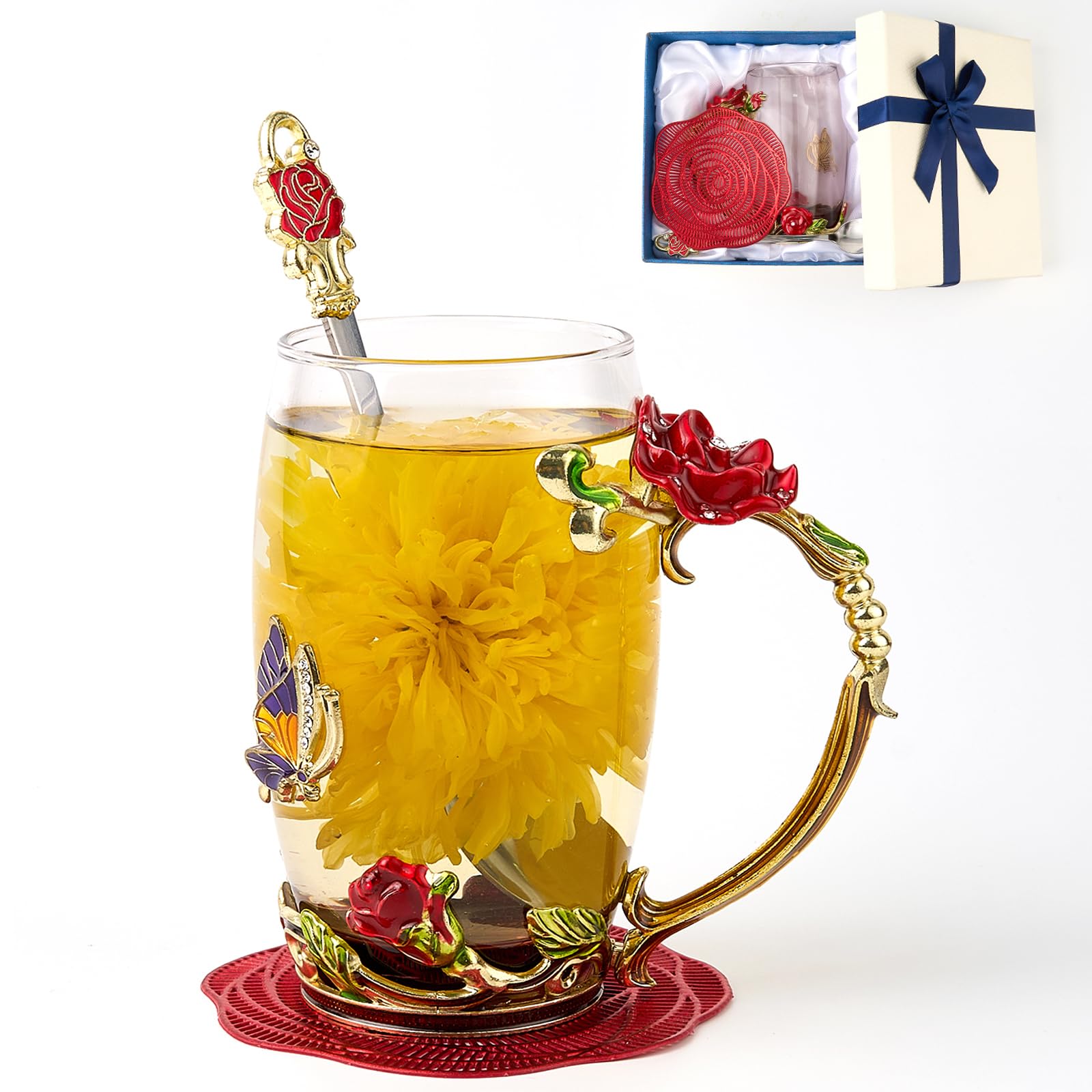 Flower Tea Cup ,Butterfly Rose Clear Glass Fancy Coffee Mug with Spoon,Gift Box for Her Mom Wife Grandma Girls Friends Valentines Christmas Birthday Present Idea for Juice,Hot And Cold Drinks Use