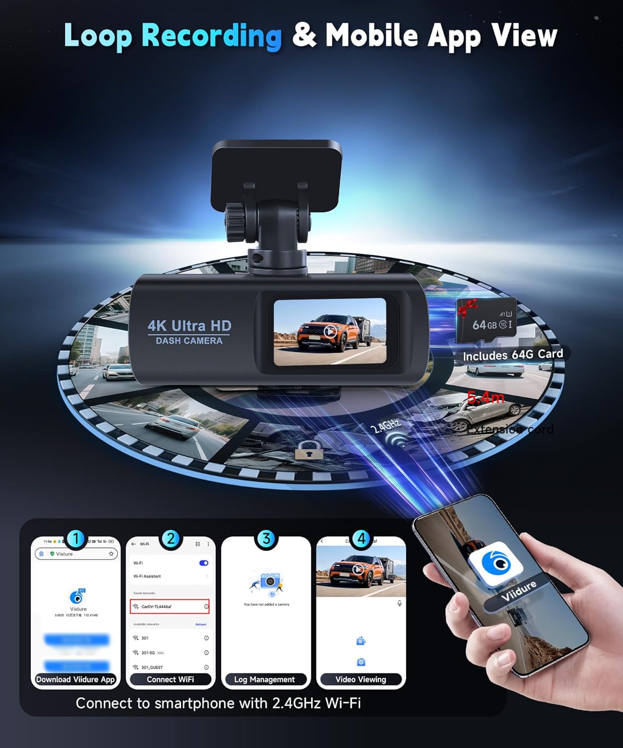 4K Dash Cam Front and Rear,WiFi Dash Camera for Cars with App Control Dual Dash Camera with Loop Recording,Night Vision,G- Sensor, 1.47" DashCam with 24H Parking Monitor+64GB TF Card