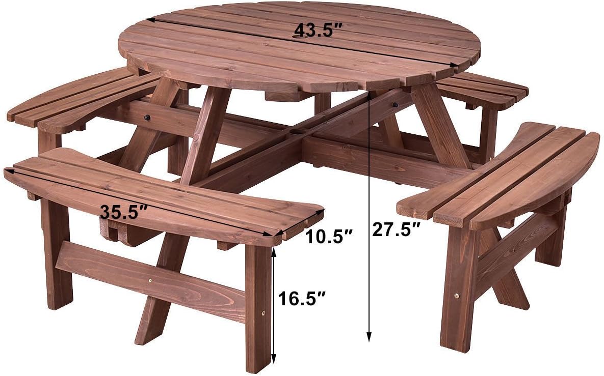 Giantex Wooden Picnic Table Set with Wood Bench, 4 Adults or 8 Kids Outdoor Round Table with Umbrella Hold Design, Perfect for Outdoor Garden Yard Pub Beer Dining, Dark Brown : Patio, Lawn & Garden