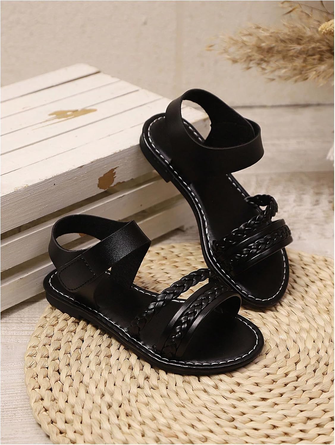 GORGLITTER Girl's Summer Dress Sandals Dressy Vacation Beach Cute Shoes Braided Leather Ankle Strap Flat Sandals Shoes