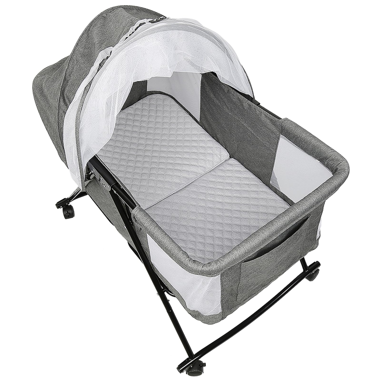 Baiyun Beistellbett Baby, 2 in 1 Babybett und Babywiege, Kinderbett mit Rollen, Moskitonetz, Lagerungstasche und Matratze, Multifunktional Kinderbett Faltbares Tragbares (Modell 4 Grau)