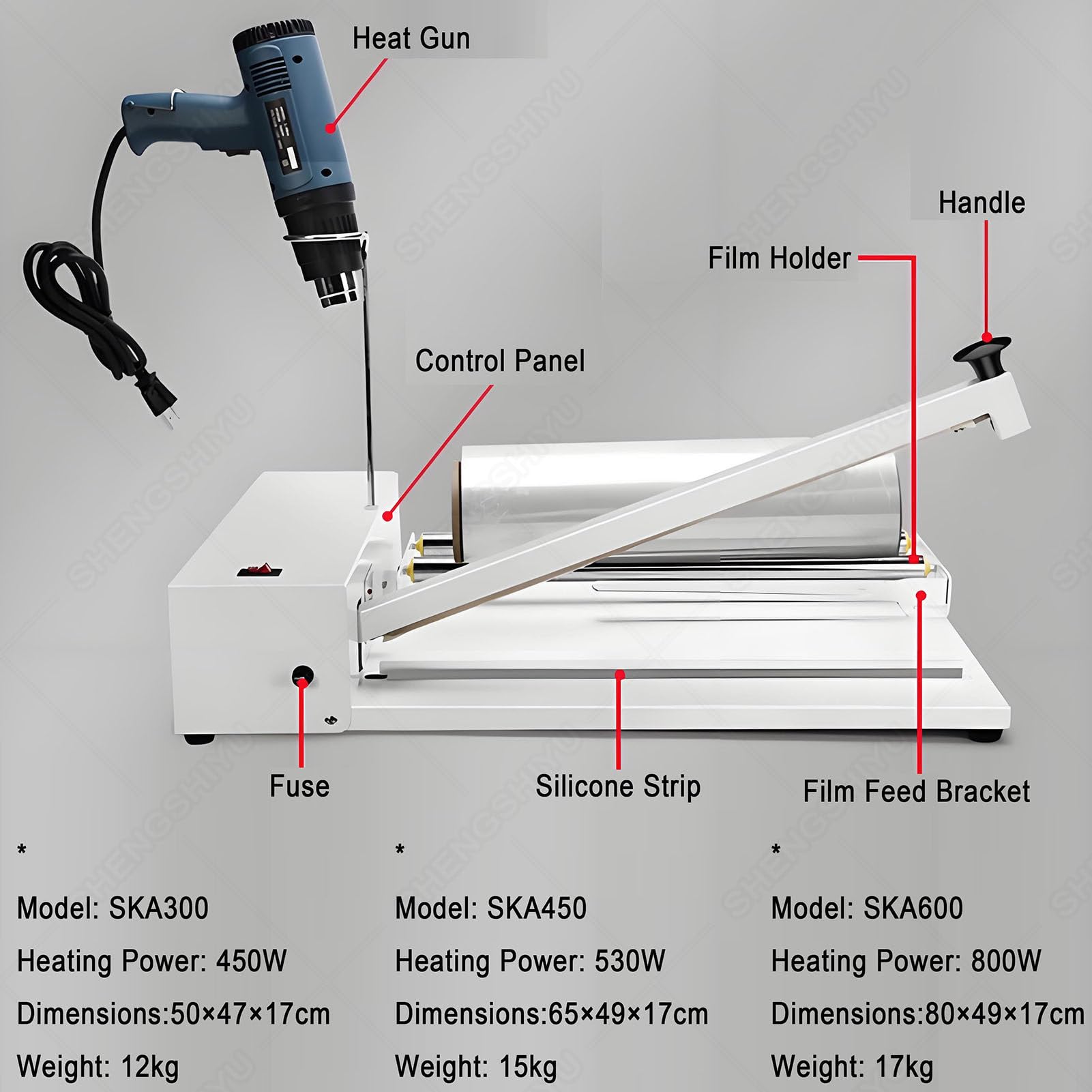 Machine d'emballage rétractable avec pistolet thermique, température réglable, taille personnalisée, compatible avec les films rétractables POF/PE, longueur d'étanchéité 60 cm, idéal pour l'emballage