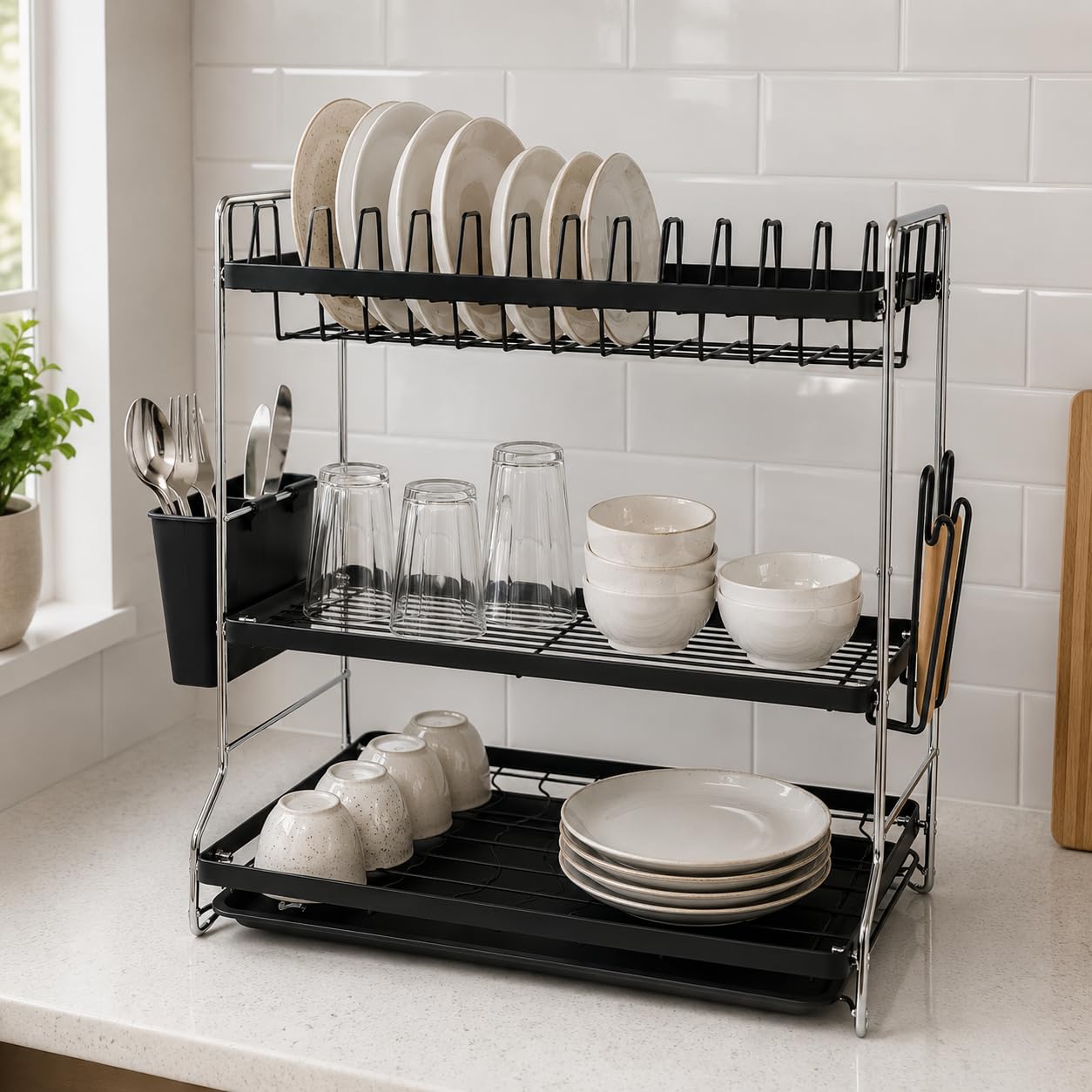 HitlineUK 3 Tier Dish Drainer Rack for Kitchen Counter, Large Space Saving Dish Drying Rack with Utensil Holder, Cutlery Cup & Drainage Drip Tray, Stainless Steel Anti-Rust Dish Rack, Black