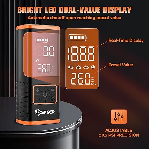 Miniatura 6 de Saker Compresor de aire portátil para inflador de neumáticos, bomba de aire de neumáticos de automóvil de 150 PSI con indicador de presión de