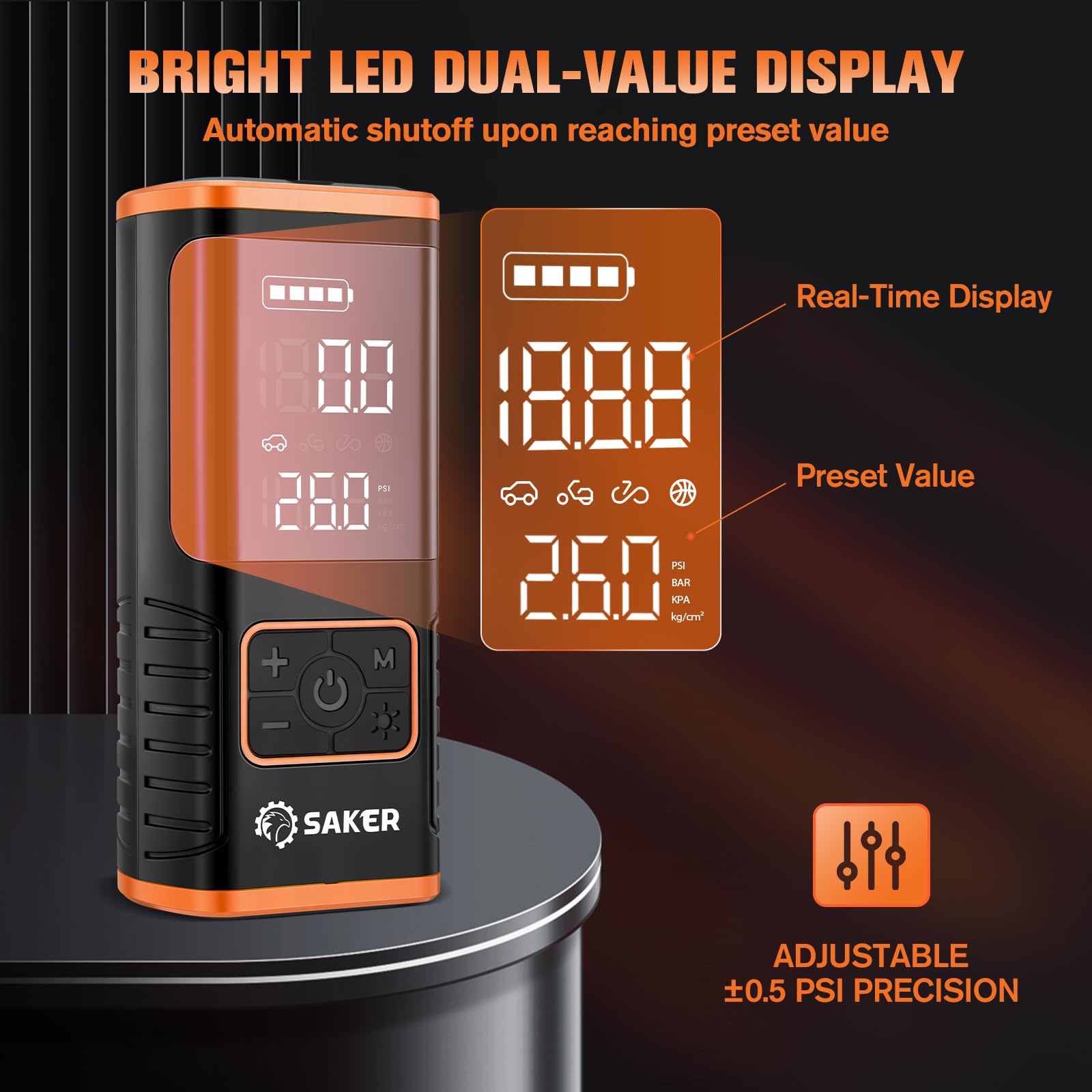 Saker Tire Inflator Portable Air Compressor - 150PSI Car Tires Air Pump with Tire Pressure Gauge Led Light — view 6