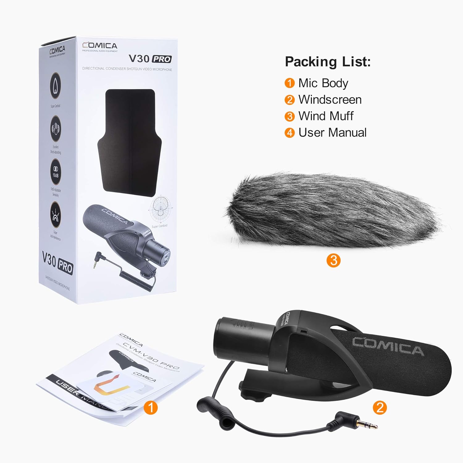 COMICA CVM-V30PRO Professional Super Cardioid Shotgun Microphone with Wind Muff, Camera Microphone for Canon Nikon Sony DSLR Cameras, Camcorders, iPhone Smartphones, etc