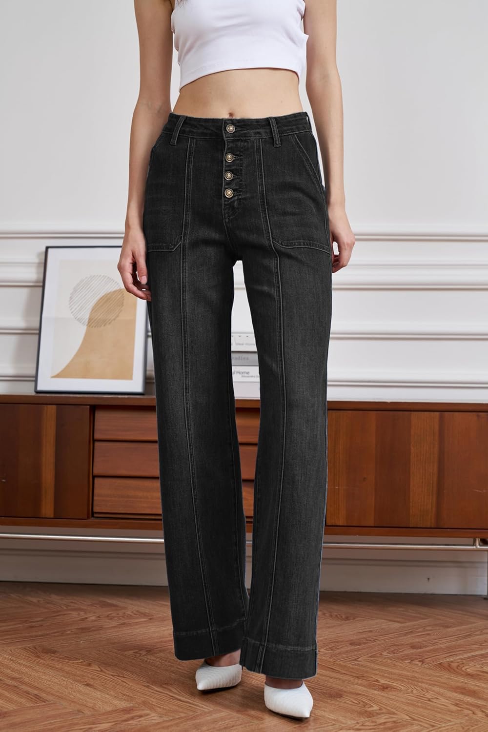 Women's Straight Leg Dad Jeans Seamed Front Stretchy Tummy Control Wide Leg Baggy Pocket Denim Pants - Image 5