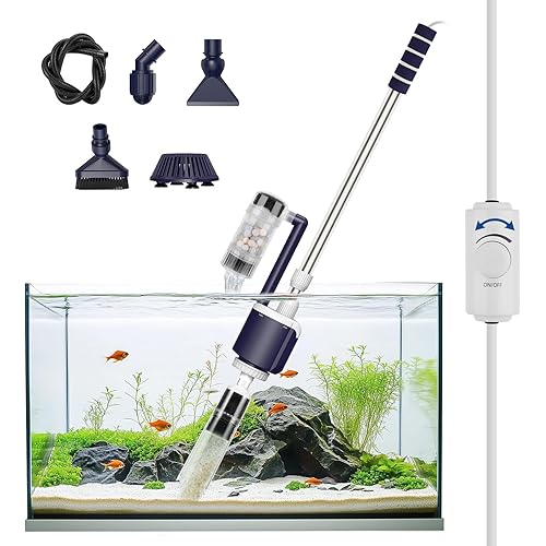 AQQA DC Fish Tank Cleaner, Electric Aquarium Water Changer with 6-in-1 Cleaning Heads & 3-Stage Filter Cup – Stainless Steel Handle Gravel Vacuum for Fish & Turtle Tanks, Adjustable Flow 34W 600GPH