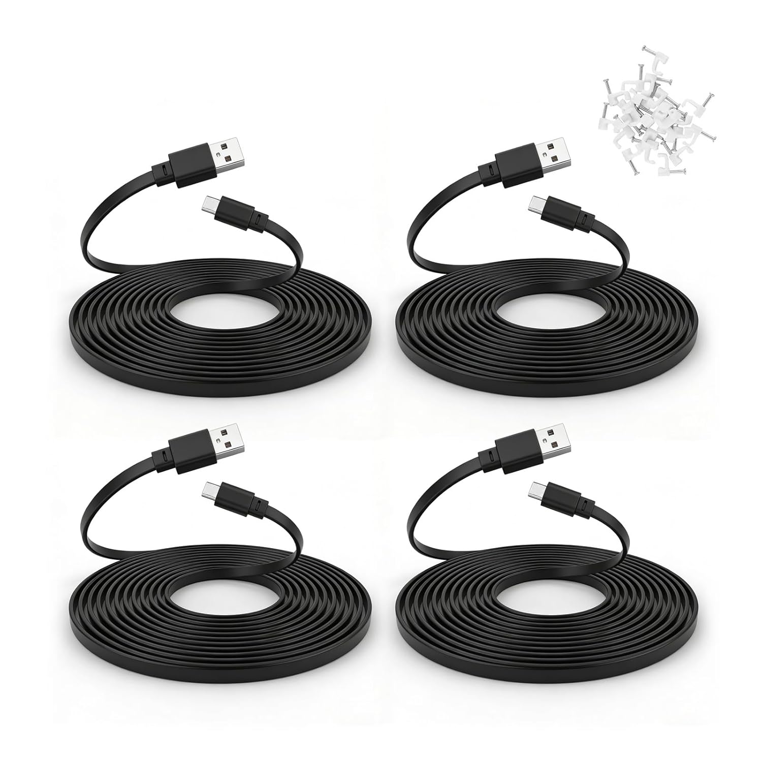 PDEEY 4 Pack 25 ft USB C Cable for CCTV WiFi Security Camera, Type-C Extension Cord Flat Waterproof Wire Clips, Black