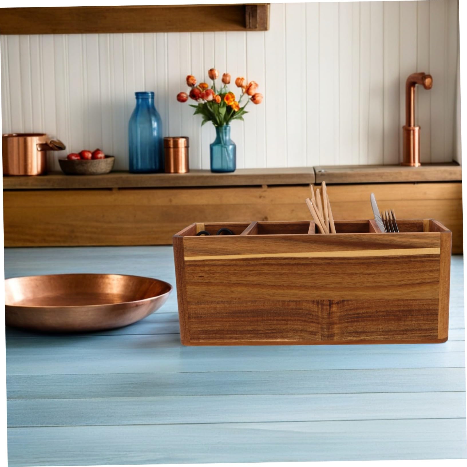Cabilock Porte-ustensiles de Cuisine avec Compartiments Organiseur de Couverts Rustique pour Plan de Travail Rangement Compact pour Outils de Cuisine