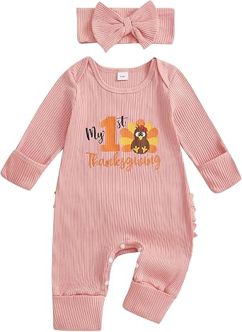 My First Thanksgiving Baby Girl Outfit Turkey Long Sleeve Romper Jumpsuit Infant Newborn Girl Outfits Clothes