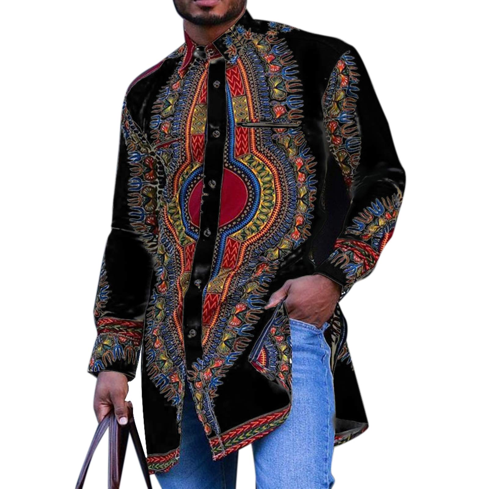 Oneforus Men's Black African Dashiki Shirts Autumn New Ethnic Style Lapel Split Shirt