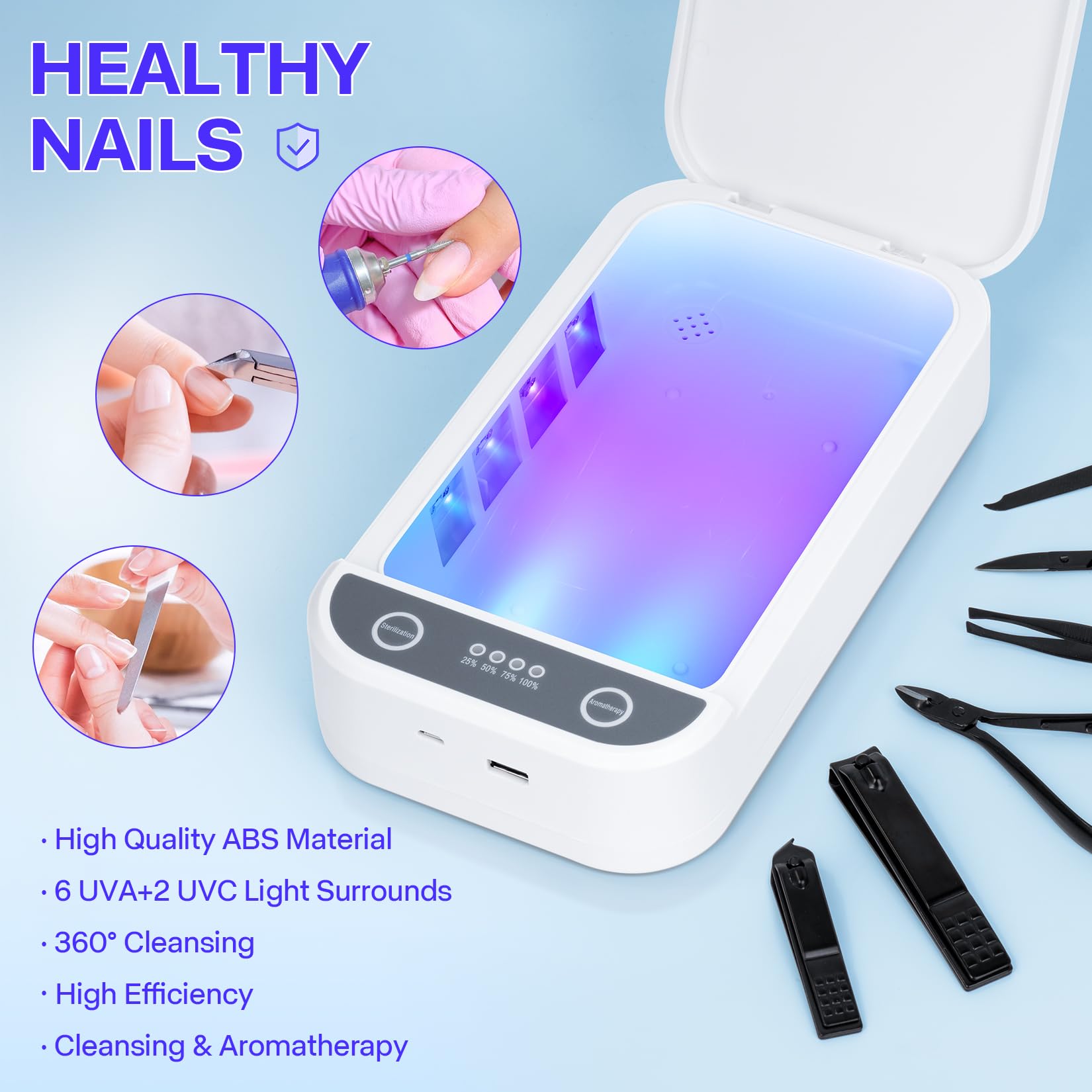 Esterilizador para herramientas de uñas, caja esterilizadora USB para tijeras de teléfono, joyas, pinzas, contenedor portátil de máquina de limpieza para salón de manicura