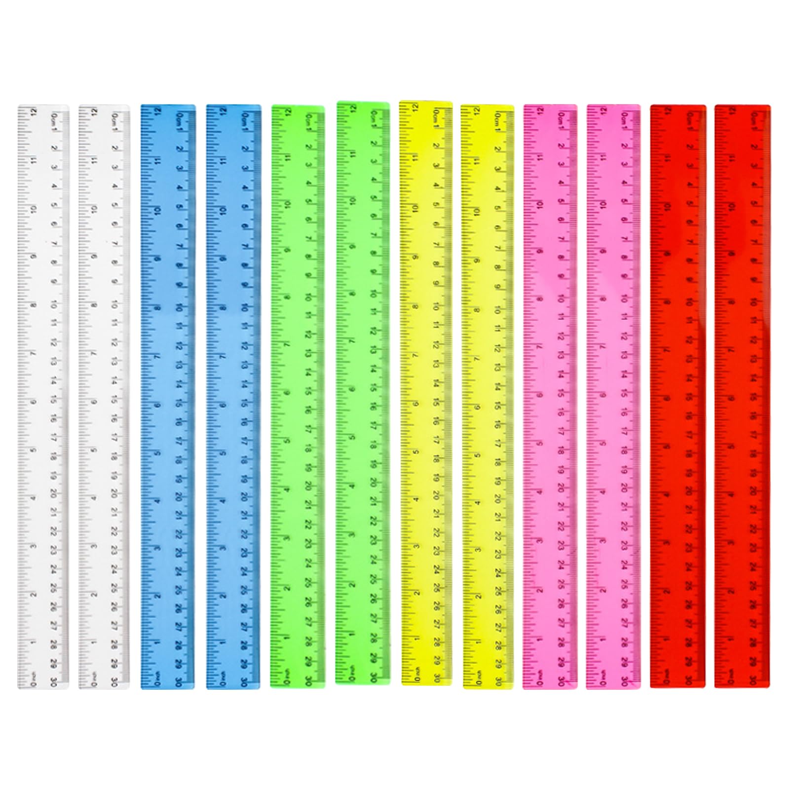 12 Pcs Plastic Ruler Set 30cm/12in Colorful Transparent Straight Measuring Ruler, Shatterproof Long Clear Rulers for Student Classroom School Office Home