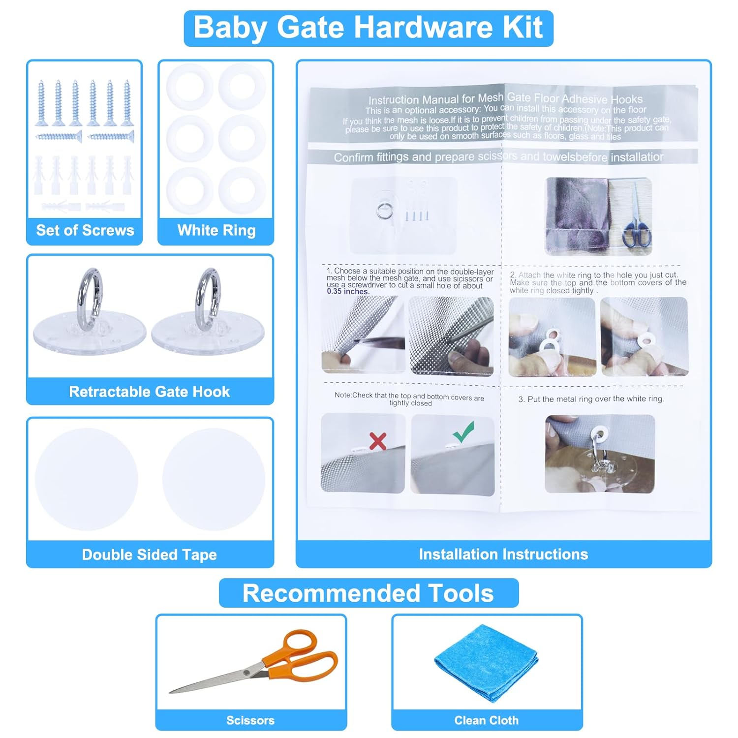 Retractable Baby Gate Hardware - Floor Adhesive Hooks, 2 Pack Baby Gate Accessories Mesh Dog Gate Ground Anchor Hooks to Prevent Babies and Pets from Getting Under The Gate, Adhesive or Drill Mounting