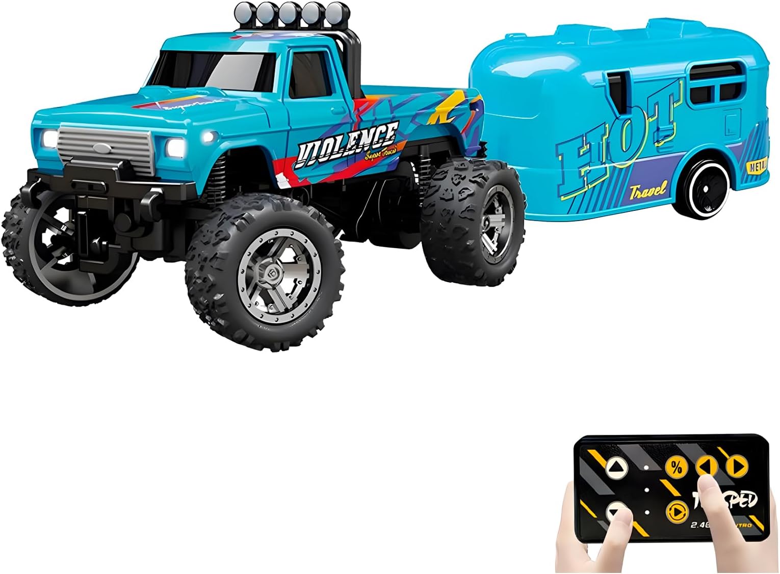 Mini Rc Monster Truck, 1:64 Scale Monster Truck Remote Control Car with Lights, 2.4Ghz Remote Control, Mini Alloy Monster Truck Rc, Speed/Steering Adjustable (Blue-B)