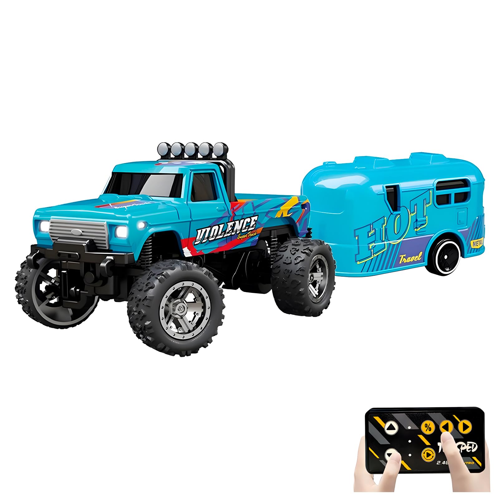 Mini Rc Truck, 1:64 Scale Monster Truck Remote Control Car with Lights, 2.4Ghz Remote Control, Speed/Steering Adjustable (Blue-B)