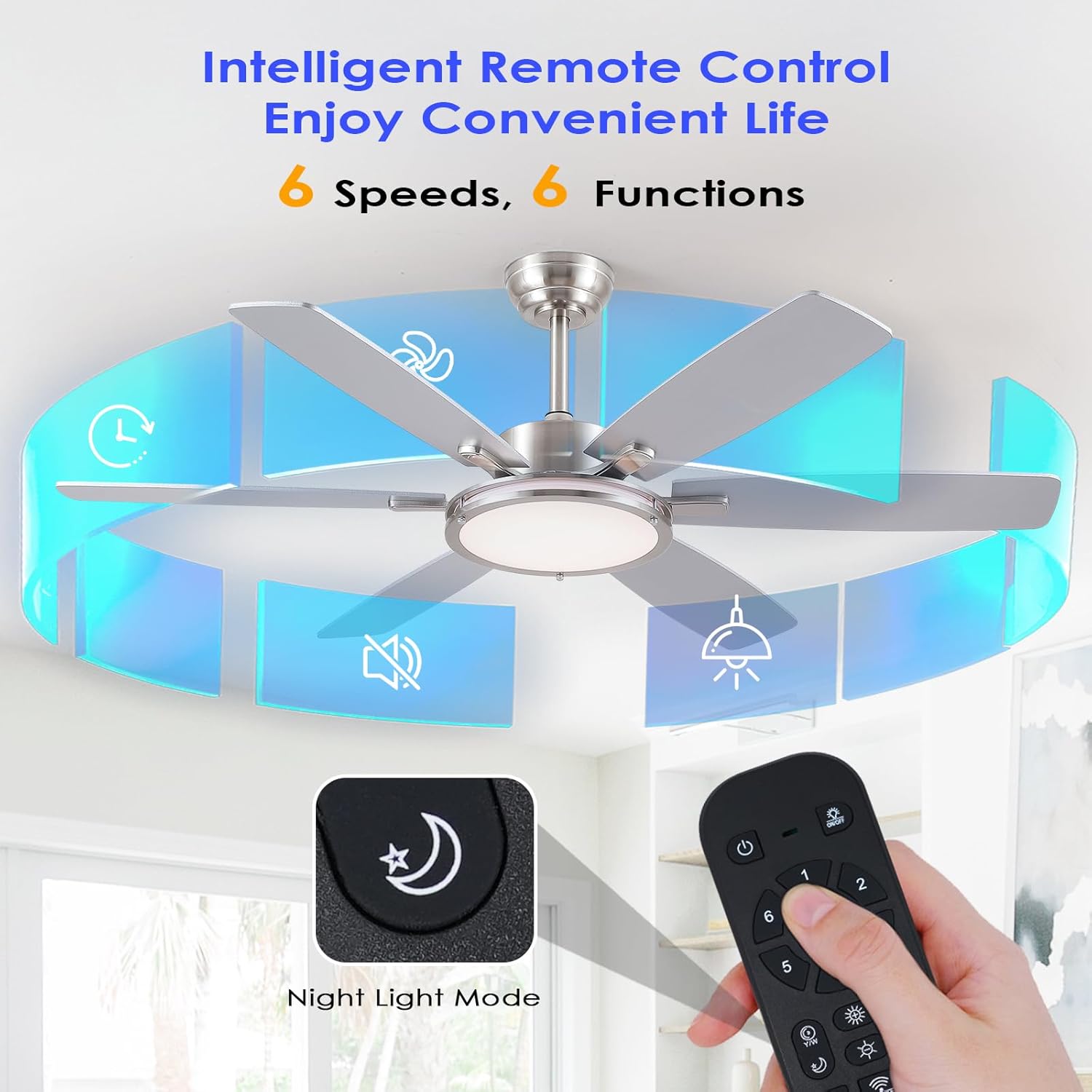 Hounberi 52" Black Ceiling Fan with Light, Modern Ceiling Fan with Remote Control, Quiet Reversible DC Motor, 3-Color LED Dimmable, Indoor Ceiling Fan for Bedroom, Patio, Living Room, Nickel