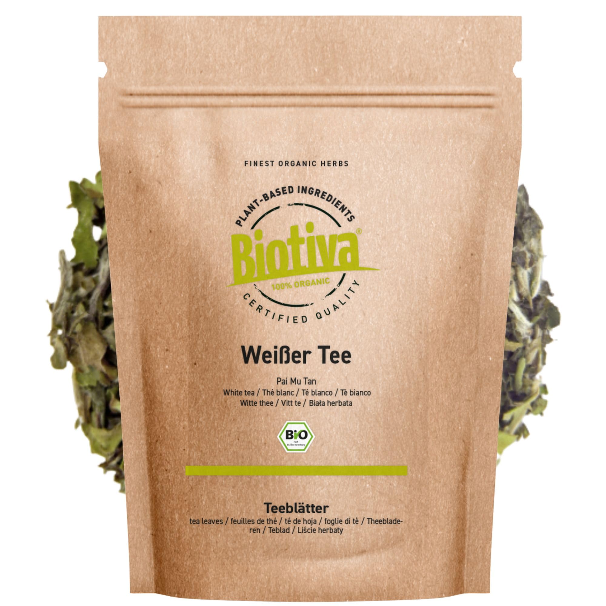 Biotiva Té blanco Pai Mu Tan orgánico 100 g - recogido a mano - suave, fragante y aromático - certificado de comercio justo