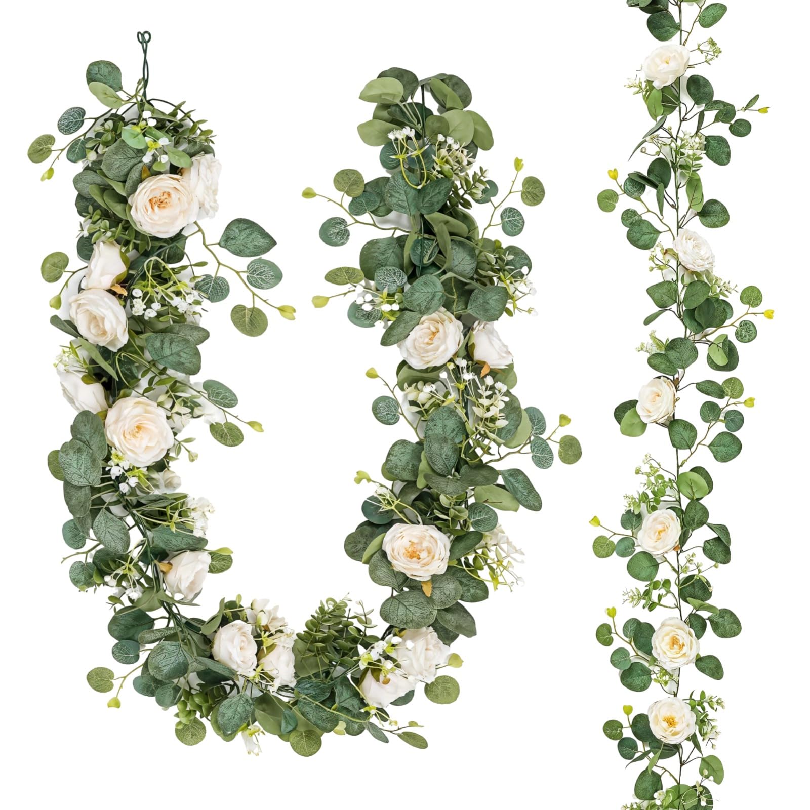 Packool 71 in Artificial Flower Vine, Realistic Fake Greenery Garland, Wedding Centerpiece Table Decor, 2 PCS Faux Eucalyptus Garland with White Roses