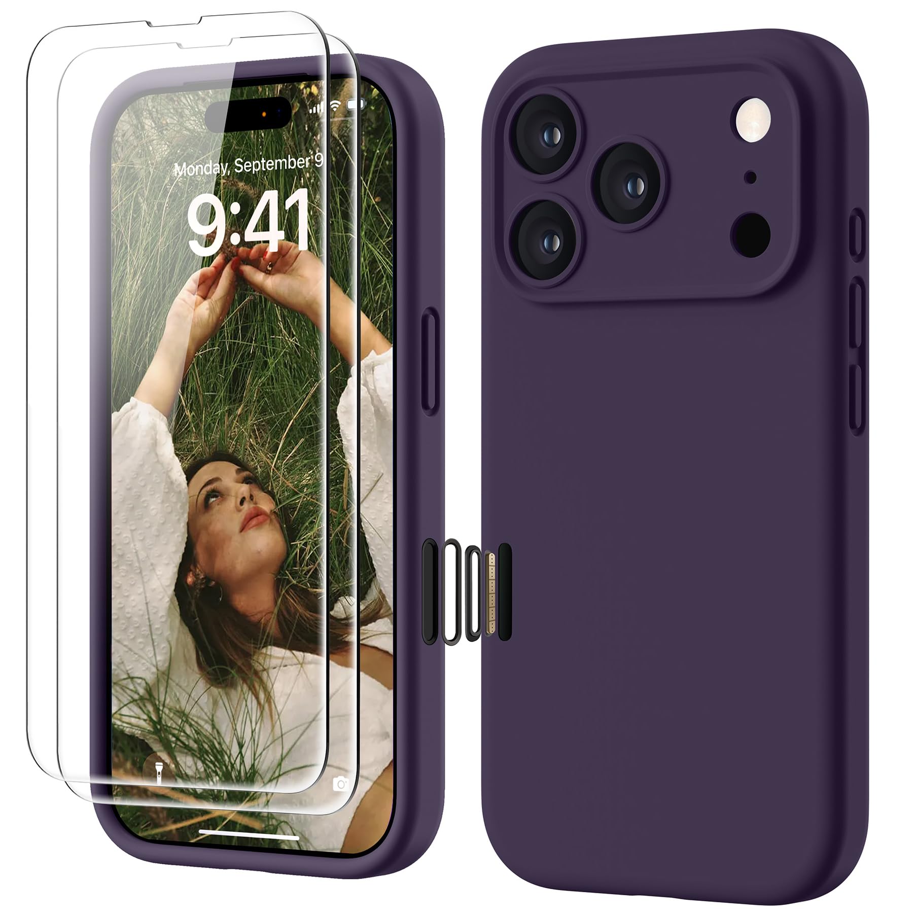 GOODVISH Silicone Cover per iPhone 17 Pro 6.3", Custodia con 2x Vetro Temperato [Pulsante Controllo Fotocamera] 360° Protezione Anticaduta Case per Cellulare Antiurto Resistente, Viola Scuro