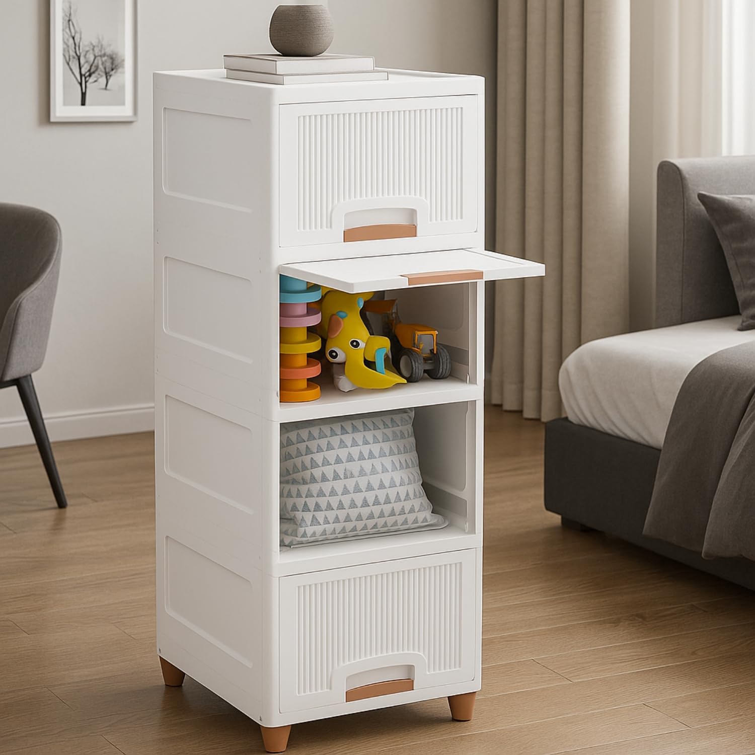 JD FRESH Plastic 4 Tier Foldable Organizer for Clothes/Modular Kitchen Storage Rack/Multipurpose Wardrobe for Cloth/Space Saving Closet for Bedroom/Stackable Cabinet/Almirah for Living Room (White)