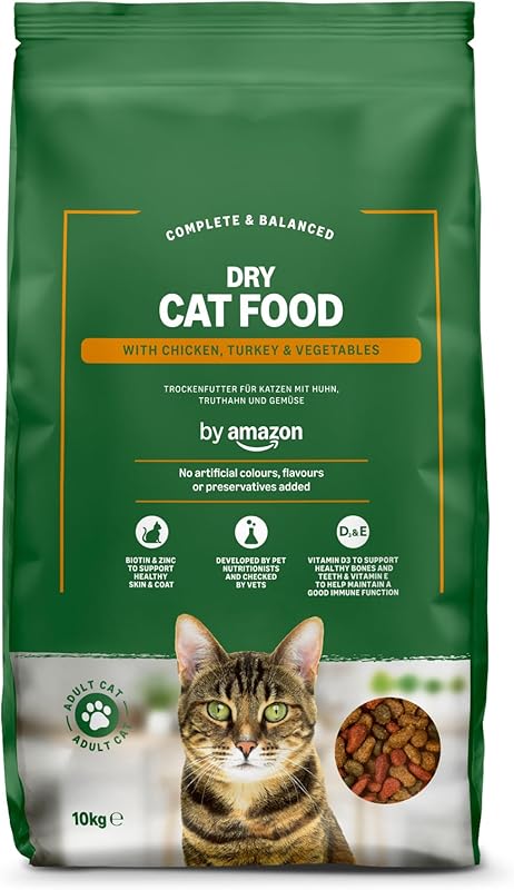 by Amazon - Croquettes complètes pour chats adultes, au poulet, dinde et légumes, 10kg, lot de 1