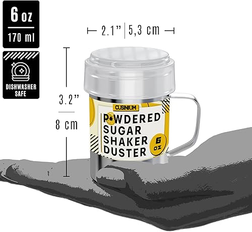 Miniatura 5 de CUSINIUM Mini agitador de azúcar en polvo de 6 onzas con asa, malla fina, con tapa de plástico, paquete de 2
