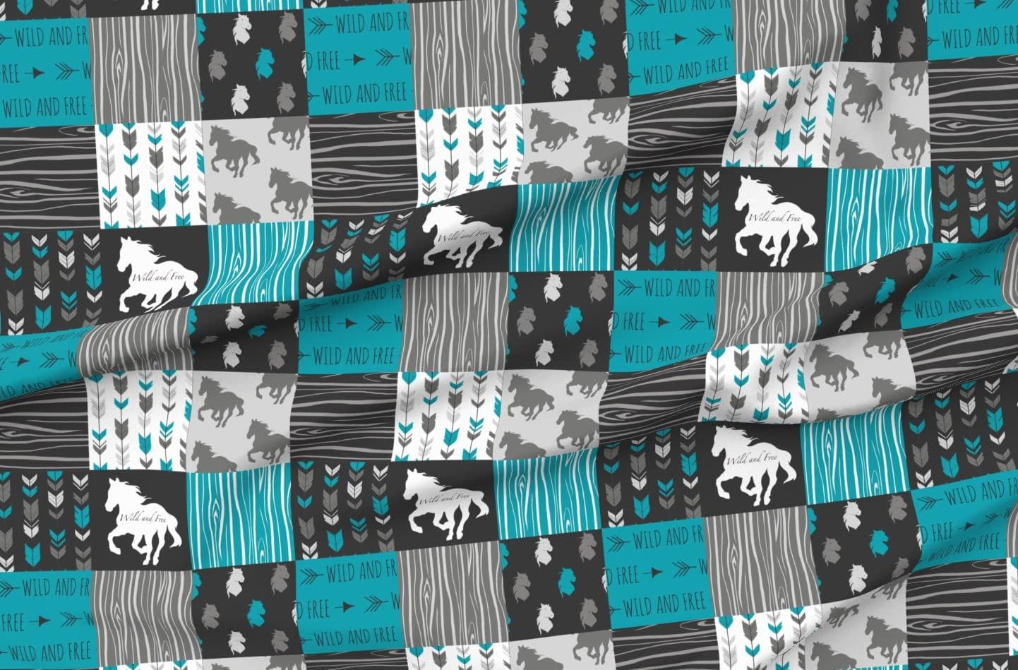 Spoonflower Fabric - Horse Patchwork Teal Black Gray Wild Horses Free Wholecloth Cheater Printed on Organic Cotton Sateen Fabric by The Yard - Sewing Quilting Apparel Home Decor