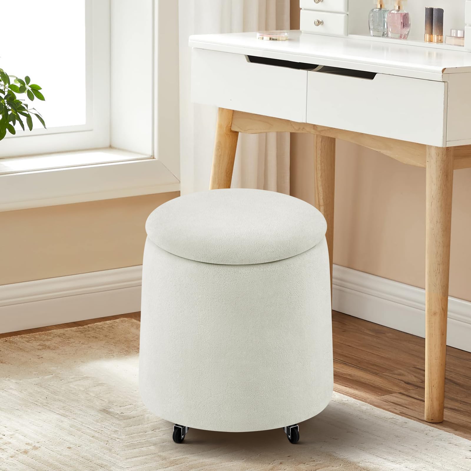 Hellove Puff Almacenaje Bouclé, Redondo Taburete Baúl con Tapa Reversible, Asiento Acolchado, Silla de Maquillaje con Ruedas Ø37 x 45cm para Salón, Dormitorio y Pasillo, Blanco Crema