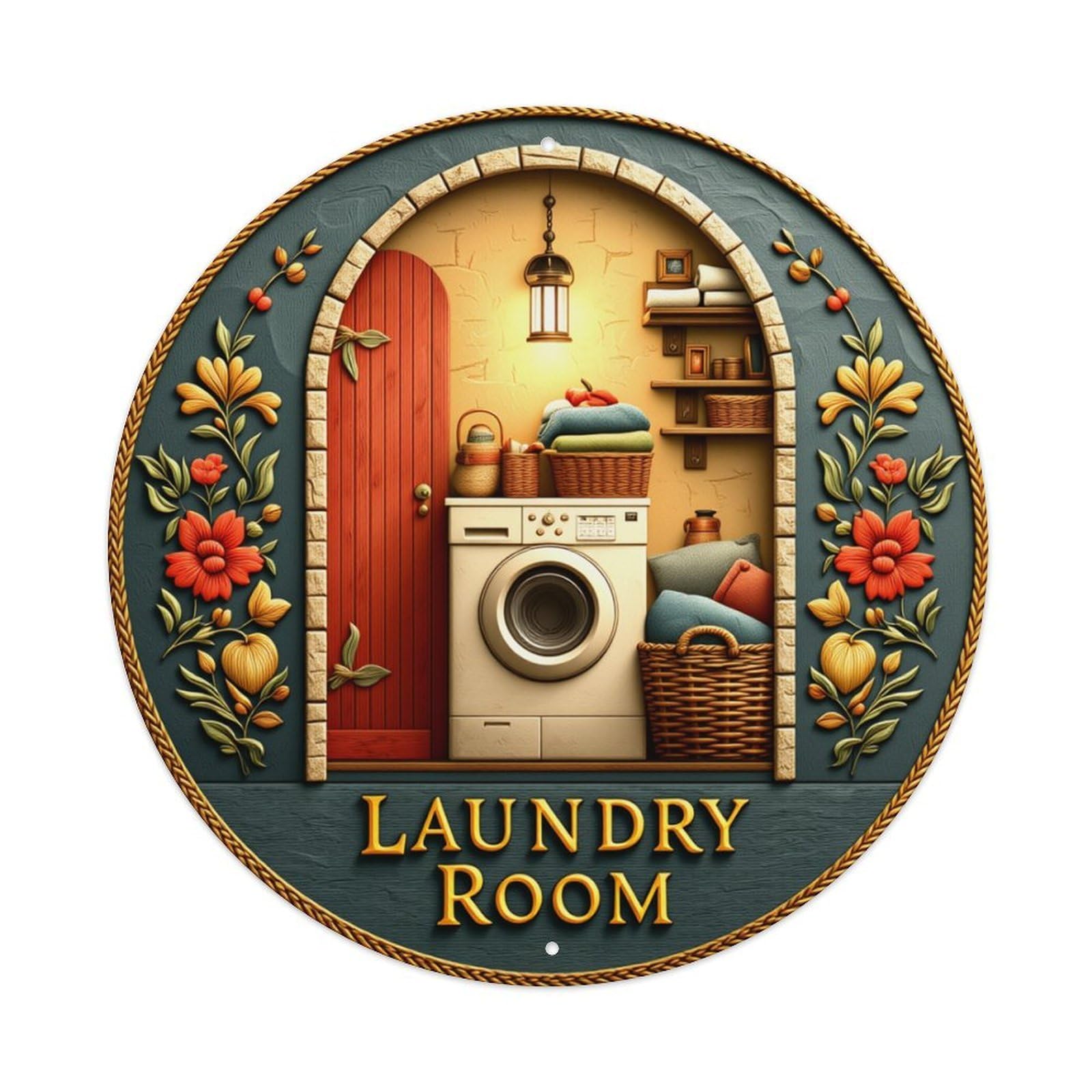 Floral Arch Door Laundry Basket Round Tin Sign Retro Metal Sign for Cafe Bar Pub Home Game Room Gym Club Wall Decoration Vintage Metal Poster 8x8 Inch