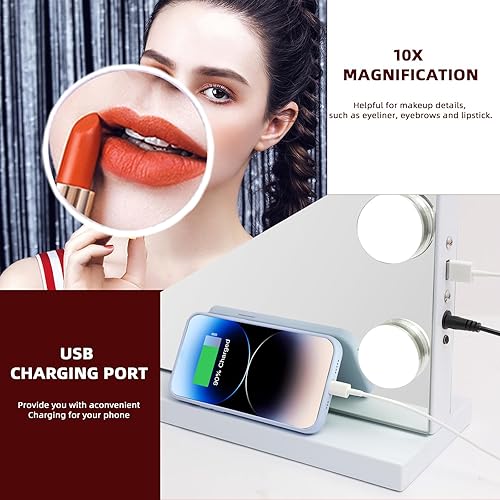 Miniatura 10 de VANITII GLOBAL Hollywood Espejo de tocador con luces de 22.8 x 31.5 pulgadas, con carga USB, espejo de maquillaje con 18 bombillas LED regulables, 3