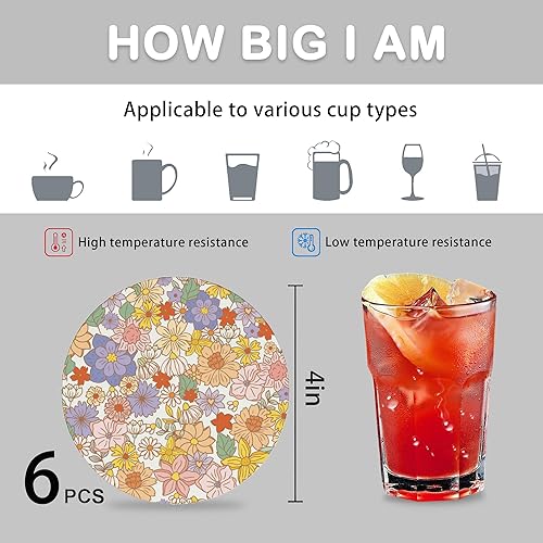 Miniatura 4 de Posavasos absorbentes con soporte, juego floral retro de los años 70 de 6 posavasos duraderos para protección de mesa auxiliar, gran regalo de
