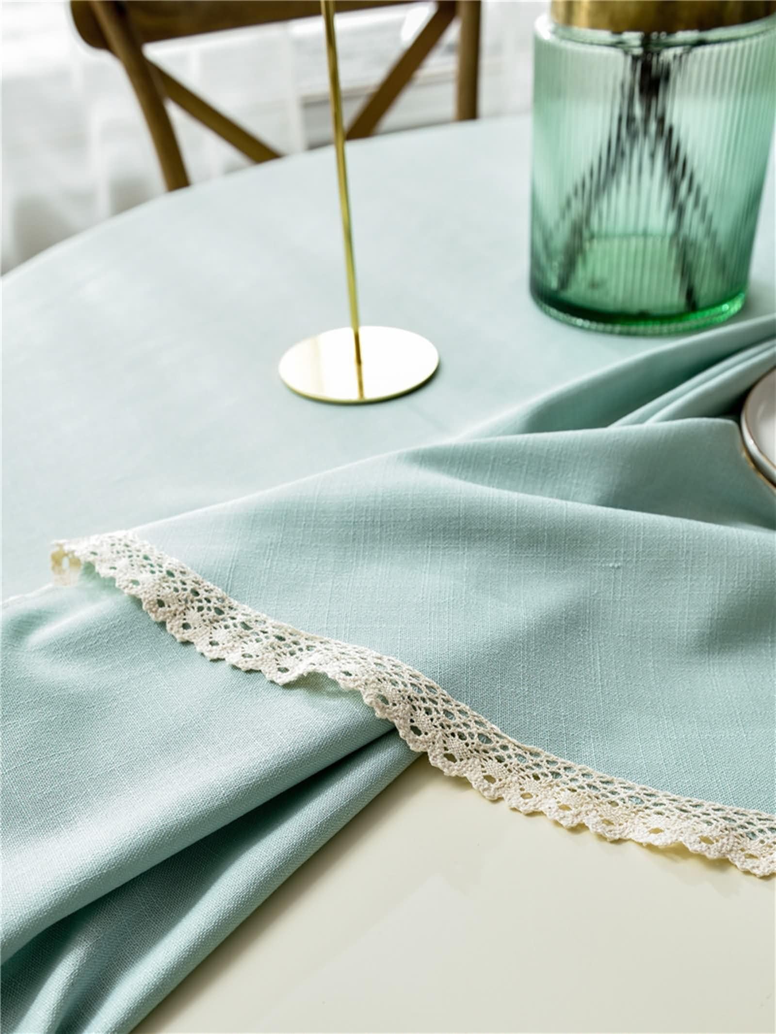 Blau Grün Tischdecke Rund 160 cm, Polyester Einfarbig mit Spitze, Tischdeko Wohnzimmer