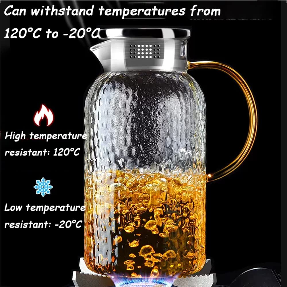 Nff Jarra De Cristal, Jarra De Agua De Cristal De 1,8 L con Tapa, Jarra De Cristal Texturizado Martillado con Asa, Apta For Té, Zumo, Agua, Café