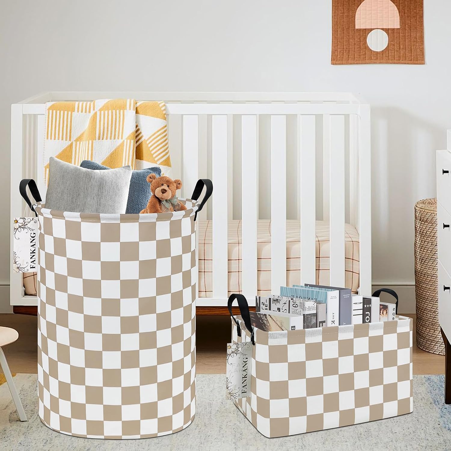 Storage Basket, Nursery Hamper Canvas Laundry Basket Foldable with Waterproof PE Coating Large Storage Baskets for Kids Boys and Girls, Office, Bedroom, Clothes,Toys(Beige flag)