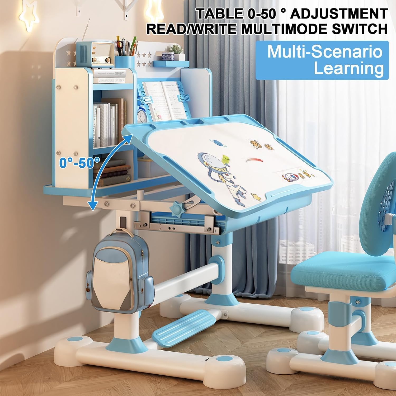 Kinder Tisch Stuhl Set, Höhenverstellbare Kinder Schule Studie Tisch Stuhl Set mit sitzenden Korrektor, Ergonomischer Schreibtisch Stuhl mit Buch Stand, Fuß Pedal, kinderschreibtisch (Blau 2)