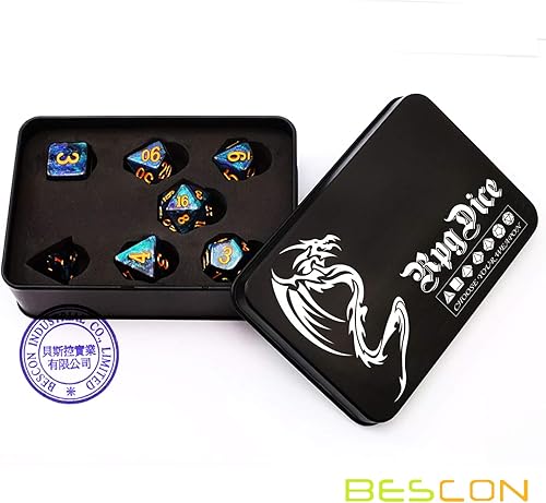 Miniatura 6 de Bescon serie de dados de noche estrellada, 7pcs poliédricos RPG dados set medianoche, embalaje negro de la caja de hojalata