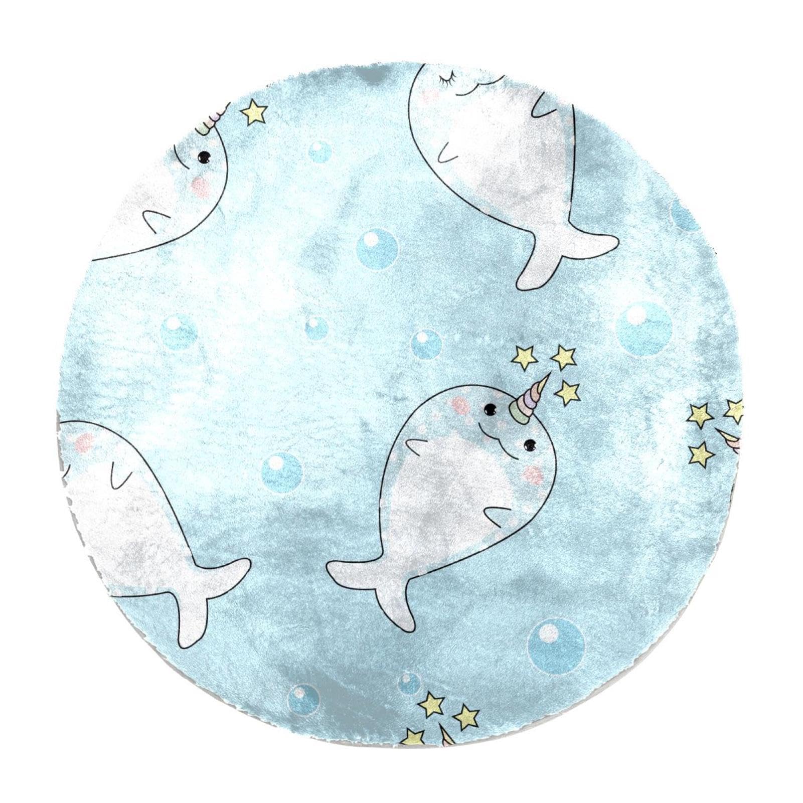 Tapis shaggy rond bleu motif licorne baleines avec isolation thermique 60 cm