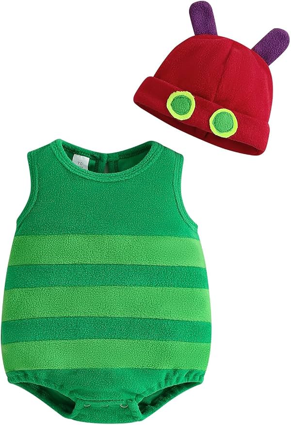 Disfraz de oruga para bebé, niña o niño, Halloween, enterizo sin mangas con sombrero, conjunto para fiesta de cosplay